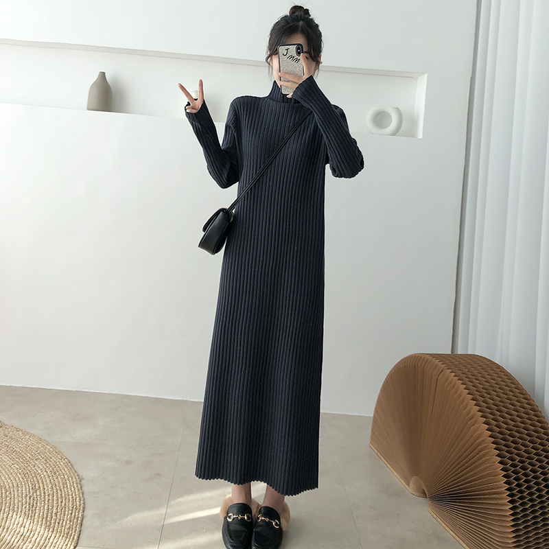 超长款毛衣裙过膝女秋冬新款高领打底内搭脚踝黑色针织连衣裙长裙