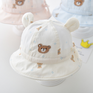 婴儿帽子春季薄款小月龄宝宝抽绳渔夫帽夏季柔软透气小孩遮阳盆帽