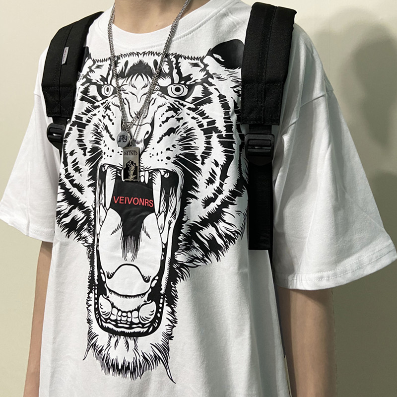 老虎头印花半袖t恤男同款潮牌嘻哈宽松圆领纯棉2020夏季短袖t恤潮