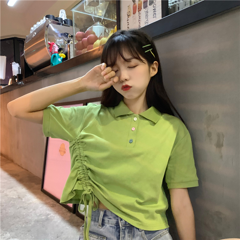 牛油果绿色t恤短款女夏装宽松韩版少女学院风抹茶绿短袖露脐上衣