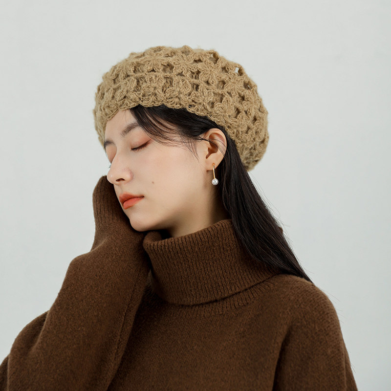 序严旗舰店的优惠券大全—镂空钩花贝雷帽女秋冬季马海毛蓓蕾帽日系