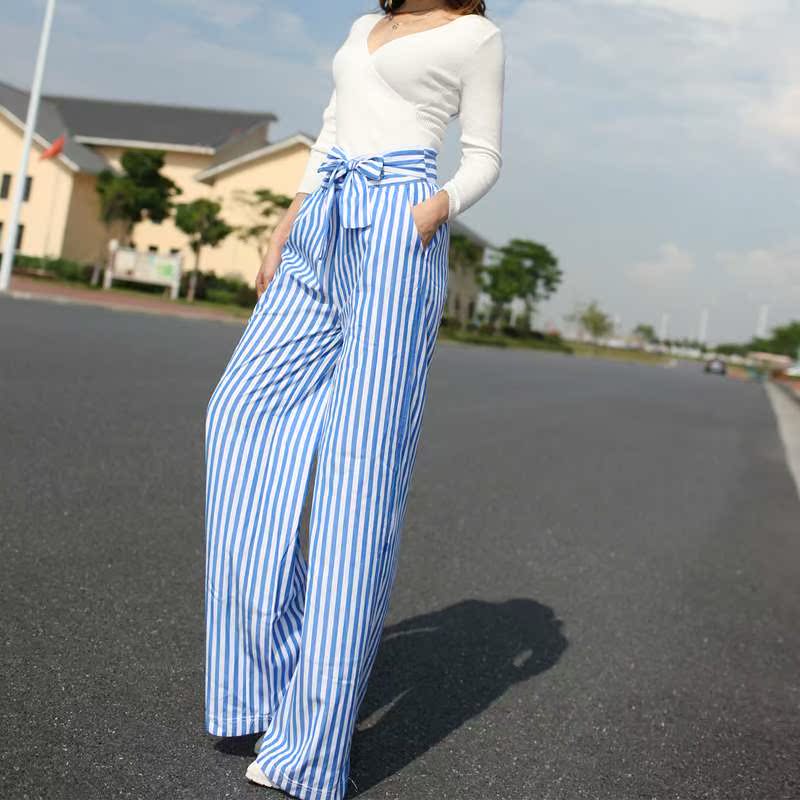 竖细条纹阔腿裤女夏薄款蓝白高腰花苞裤加长拖地休闲宽腿直筒裤子在类目 女装/女士精品, 裤子, 休闲裤中 - 来自Buy2taobao.com提供专业的淘宝代购服务