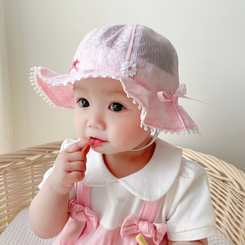 婴儿帽子春夏薄款女宝宝遮阳帽可调节花朵幼儿防晒凉帽公主渔夫帽