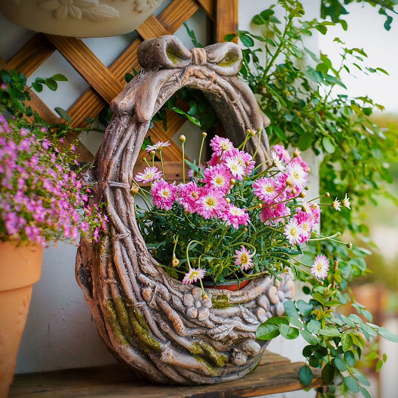 创意藤编花篮花盆花园装饰户外花器庭院摆件多肉盆栽露台庭院摆设