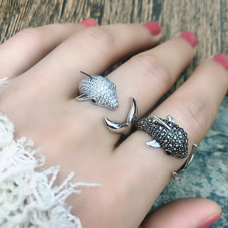 海豚食指戒指女时尚满钻开口个性潮文艺小众设计戒指百搭—戒指/指环
