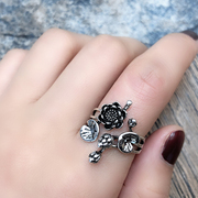 Ring female ins tide retro European and American cold wind personality black flower opening index finger ring adjustable size tide cool