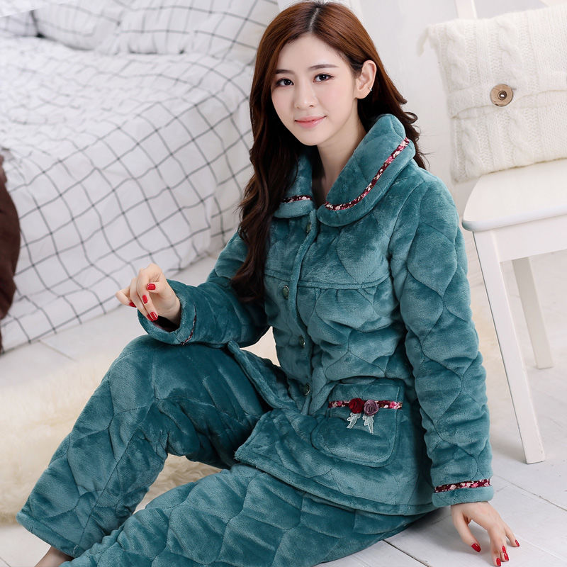 冬季珊瑚绒三层夹棉袄睡衣女秋冬款加厚加绒保暖可外穿家居服套装