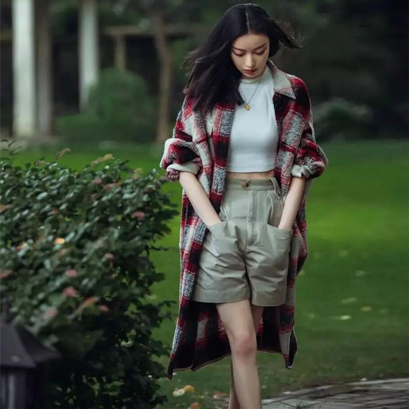 倪妮同款红色格子衬衫2022春秋新款宽松毛呢外套女中长款过膝大衣