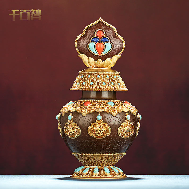 精工黄铜龙王宝瓶八吉祥藏式摩尼宝瓶家居佛堂供奉净瓶财神水瓶