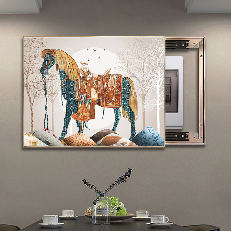 电表箱装饰画可推拉电闸盒美式配电箱遮挡客厅挂画马到成功富贵马
