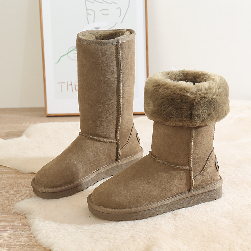 东北雪地靴女2022新款冬季高筒牛皮防滑厚底加绒加厚长筒保暖棉鞋