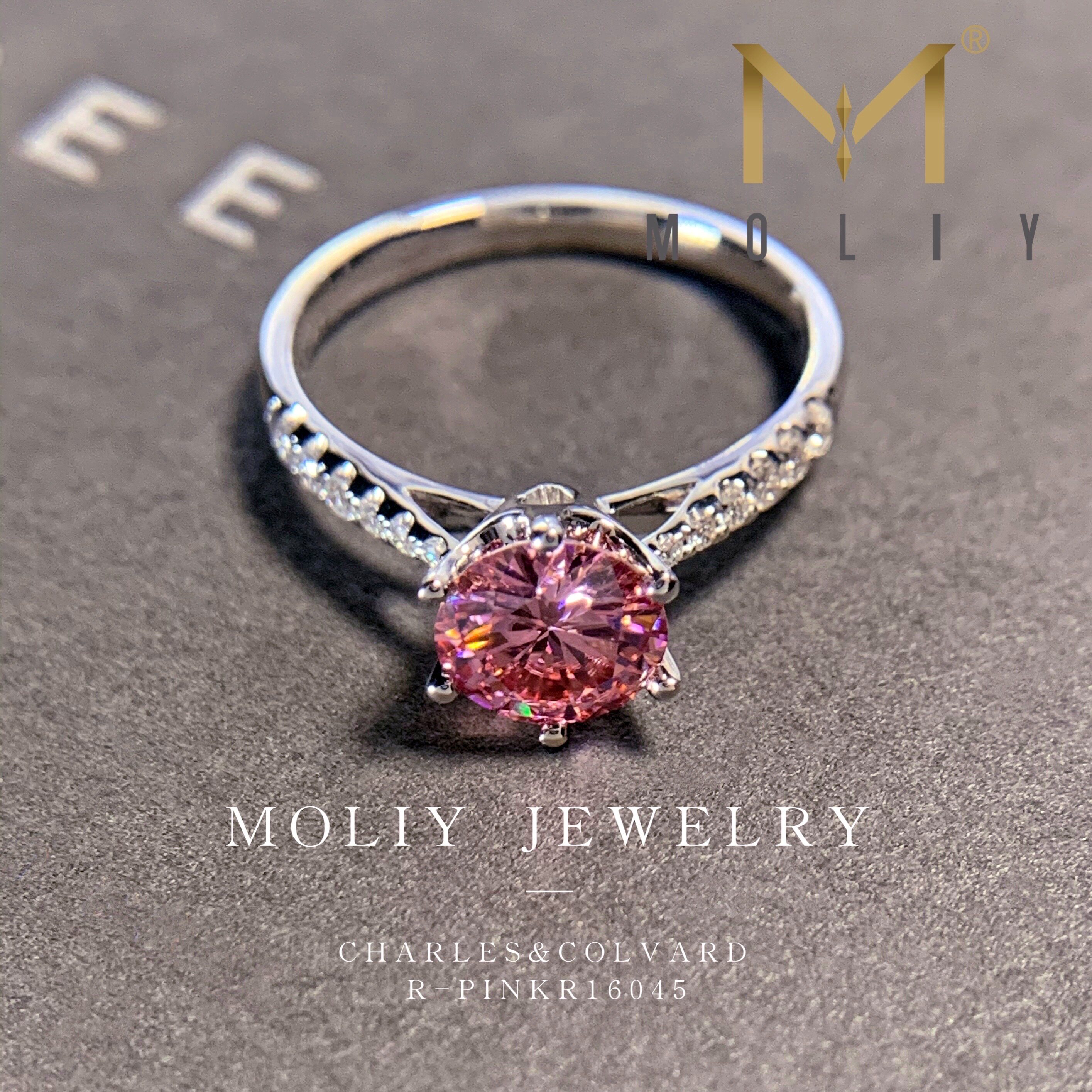 正品moliy定制莫桑石粉钻皇冠六爪18k金轻奢结婚女戒指