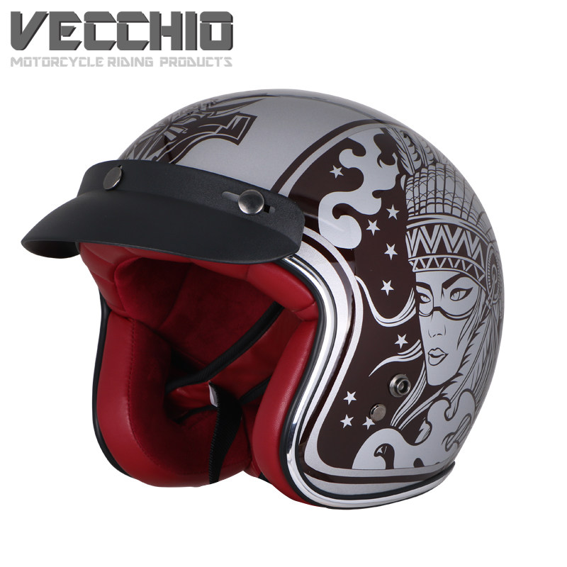 vecchio摩托车头盔男半盔玻璃钢半覆式夏季四季女机车复古头盔