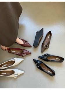 Ali guifei法式复古红色尖头单鞋女鞋V口气质平底工作鞋瓢鞋软底