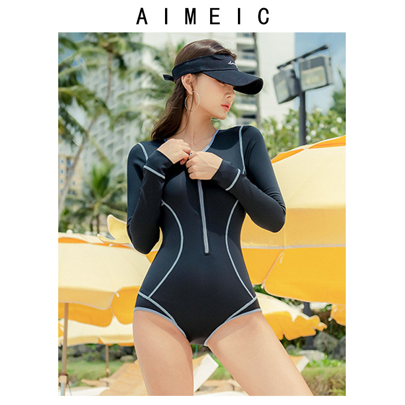 AIMEIC温泉度假泳衣女性感冲浪长袖防晒三角连体泳衣显瘦遮肚泳装