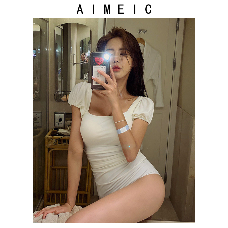 AIMEIC连体三角纯色方领泳衣女2024新款小胸聚拢性感遮肚露背泳装