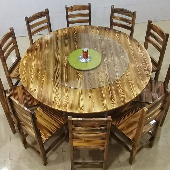 农家乐大排档大小圆桌饭店烧烤店碳化木餐桌椅组合火锅店转盘桌椅