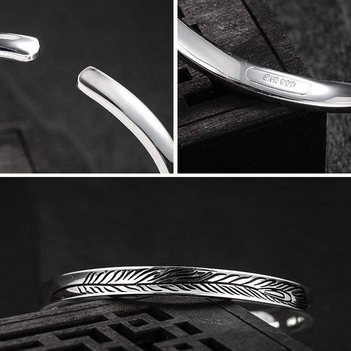 泰光银楼足银999银手镯复古羽毛银镯子凹面时尚银首饰节日银礼品