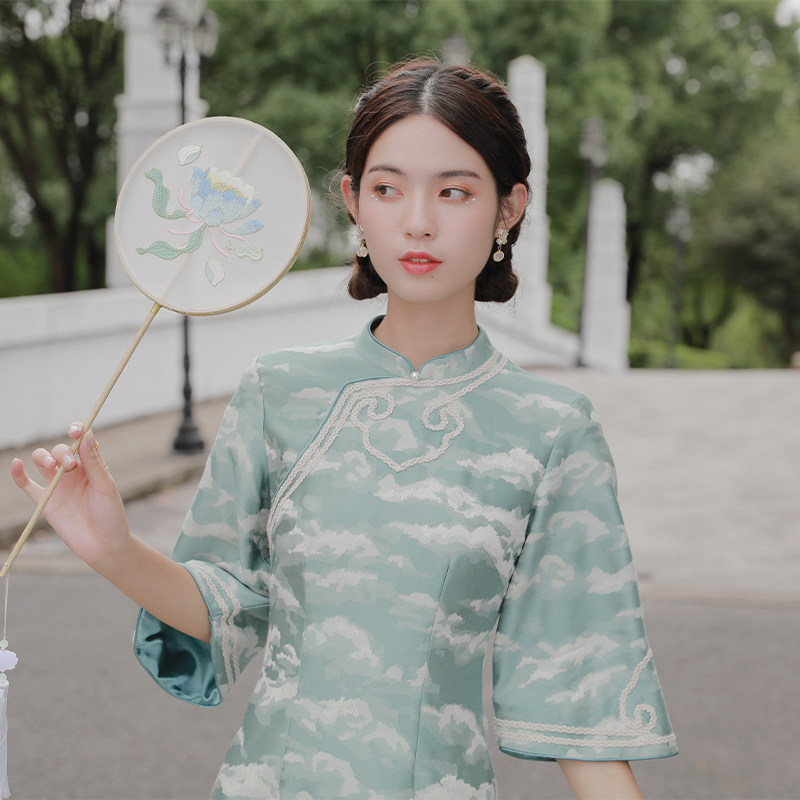 灰姑娘定制款槿爷云清秋季翠兰风祥云日常少女如意纹改良中长旗袍