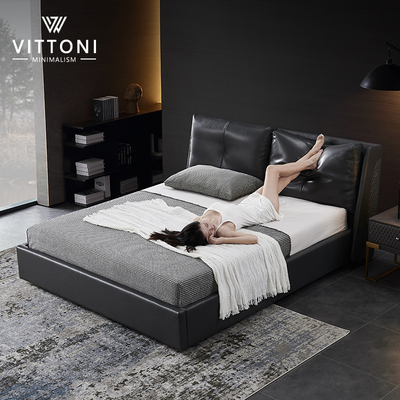 皮床真皮床小户型主卧18米双人黑色储物高箱羽绒软包意式轻奢皮艺床