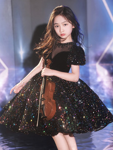 定制黑色晚礼服女童高端公主裙儿童朗诵主持人小提琴钢琴演奏表演