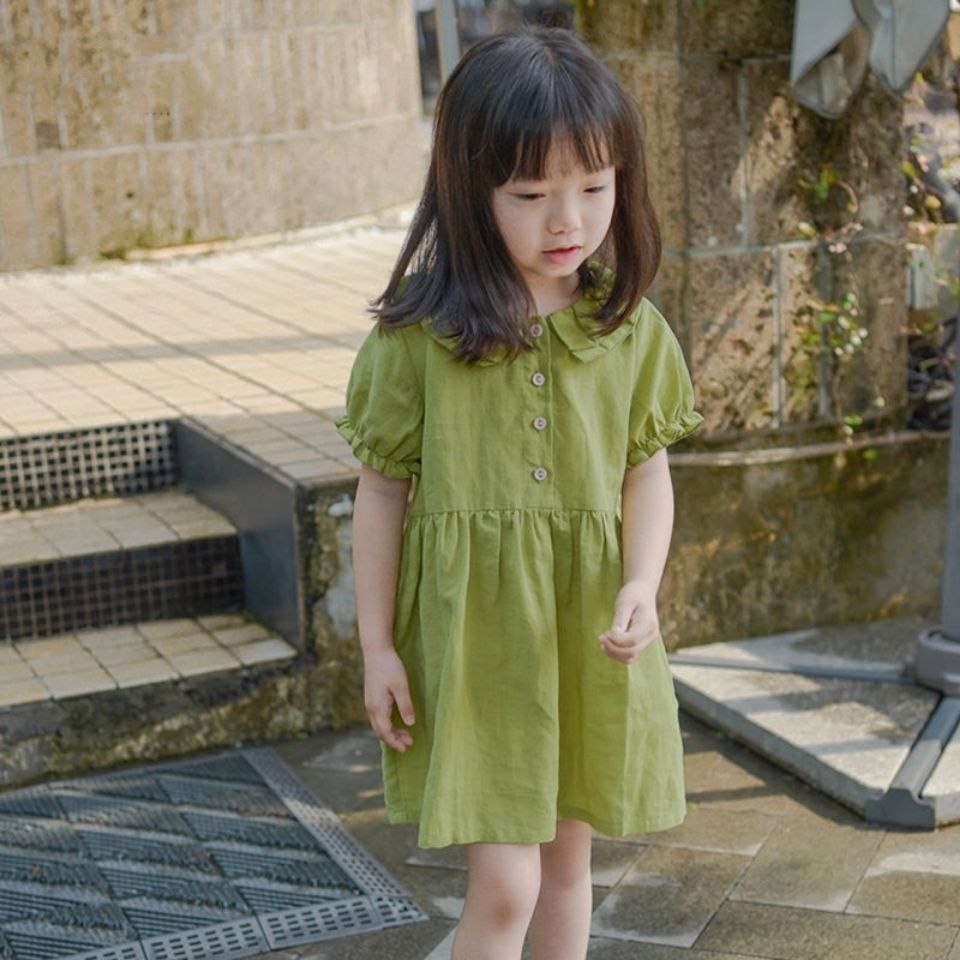 中小童夏季韩版休闲纯色童装儿童新款娃娃领公主裙女童连衣裙