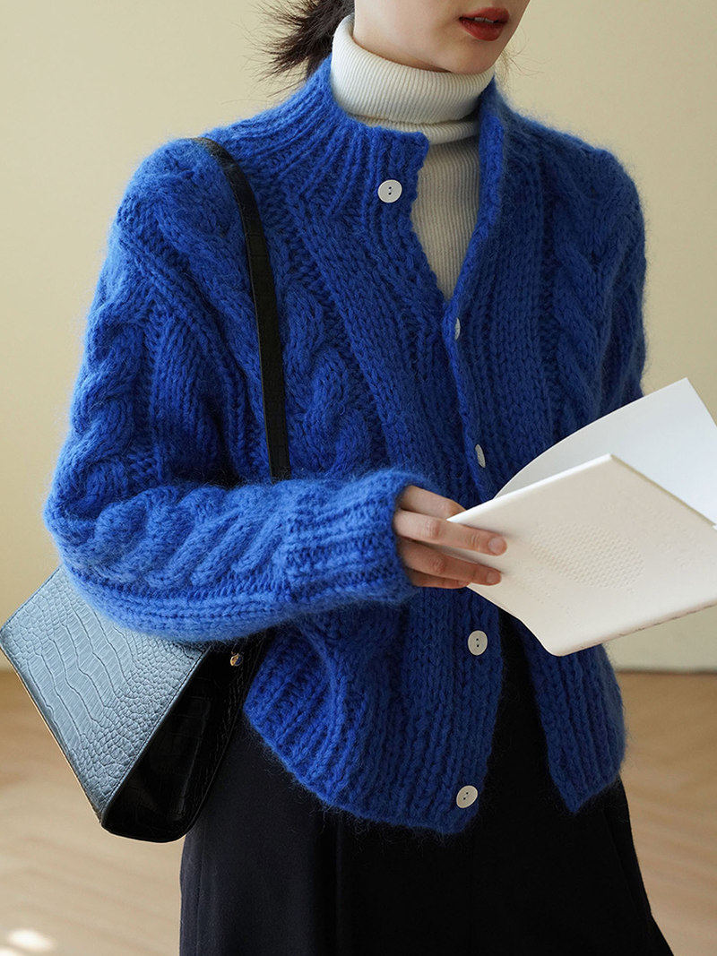 z2021早秋新款上衣慵懒风高级感针织开衫克莱因蓝色麻花毛衣女秋