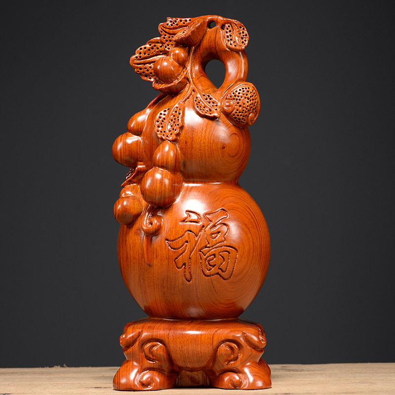 花梨实木雕刻葫芦摆件中式客厅 天然大号木质仿古办公装饰工艺品