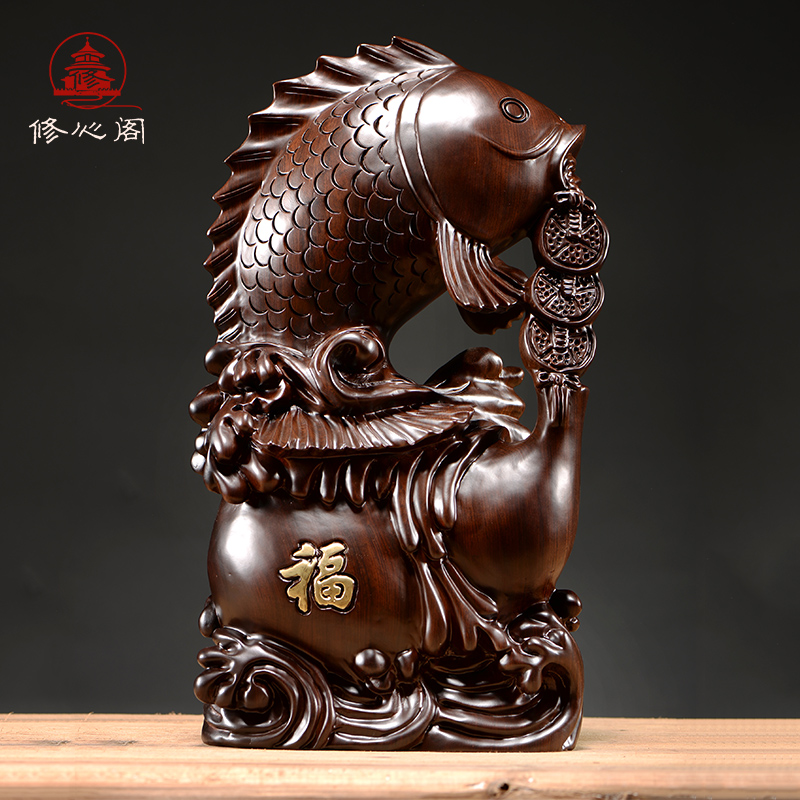 黑檀木雕鱼摆件实木福禄有余鲤鱼跃龙门年年有鱼家居红木工艺品