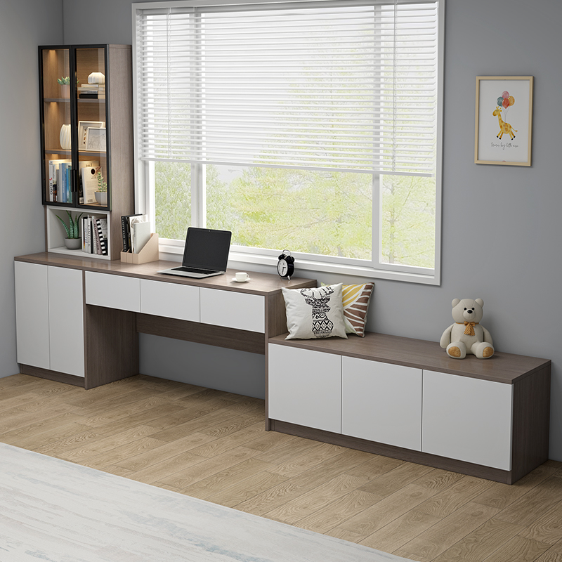 实木飘窗柜书桌书柜一体阳台收纳储物柜定制可坐卧室窗台地柜矮柜