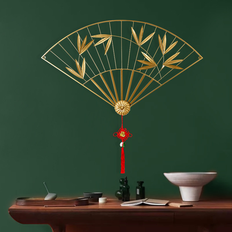 新中式客厅玄关装饰品过道轻奢铁艺扇子挂件书房墙面金属背景墙饰
