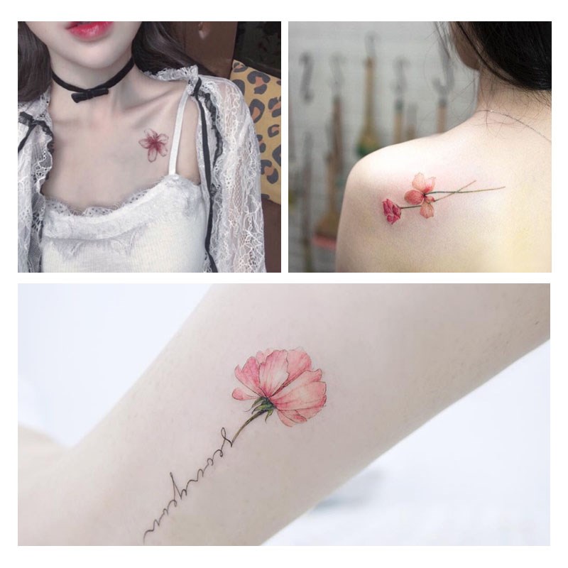 文身贴防水女持久小清新锁骨纹身贴女孩少女英文花樱花一套50张