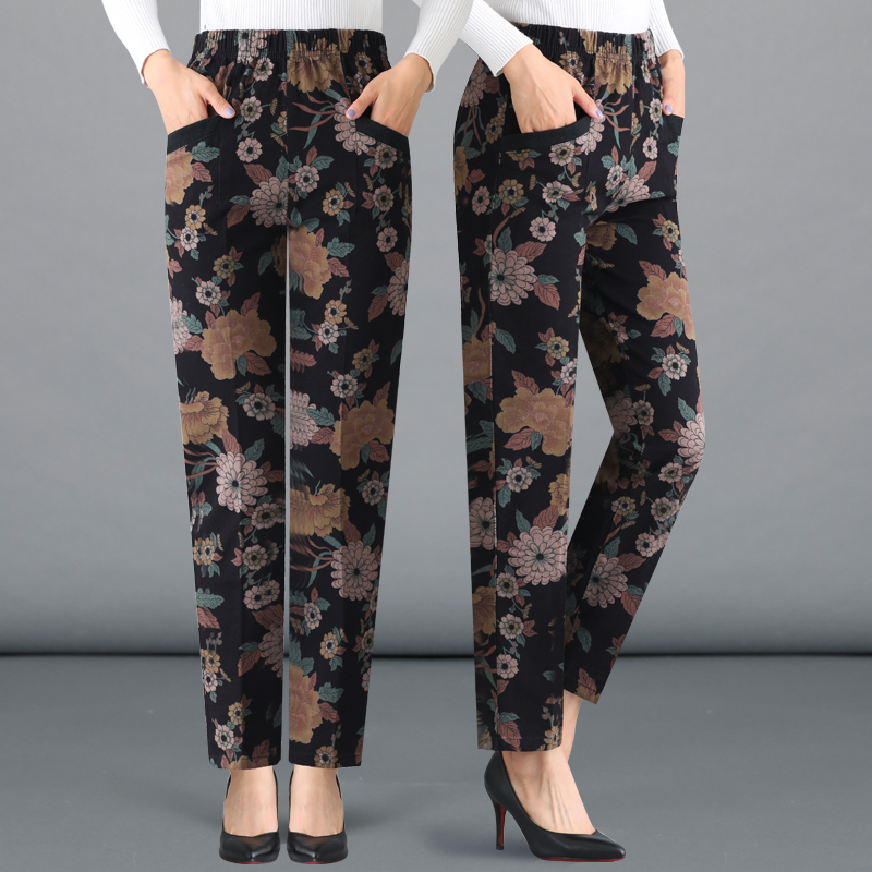妈妈花裤子女春秋大码外穿长裤中老年女裤中年女士秋冬宽松直筒裤