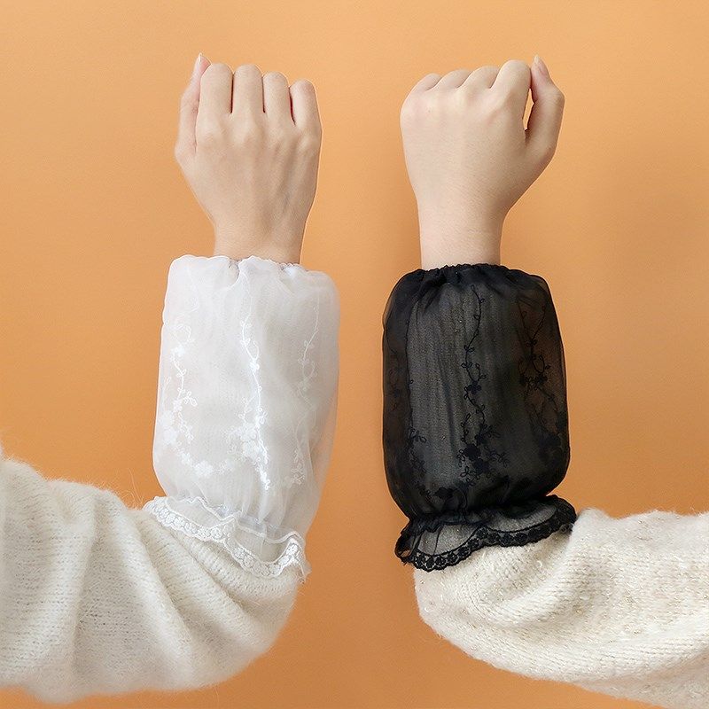 秋冬季双层透明蕾丝绣花袖套女短款韩版成人护袖防污套袖可爱网纱