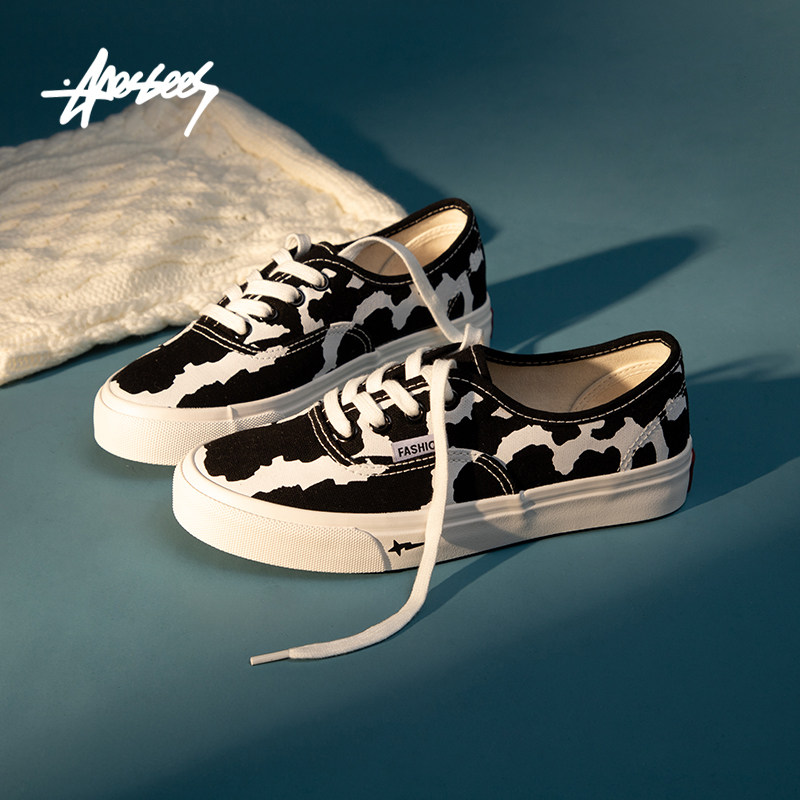 安逸猿低帮帆布鞋女ulzzang 百搭系带小白鞋原宿黑白奶牛休闲板鞋