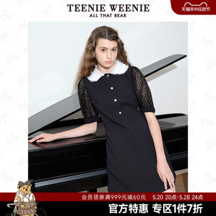 TeenieWeenie小熊奥莱夏季复古娃娃领泡泡袖气质黑色中长连衣裙女