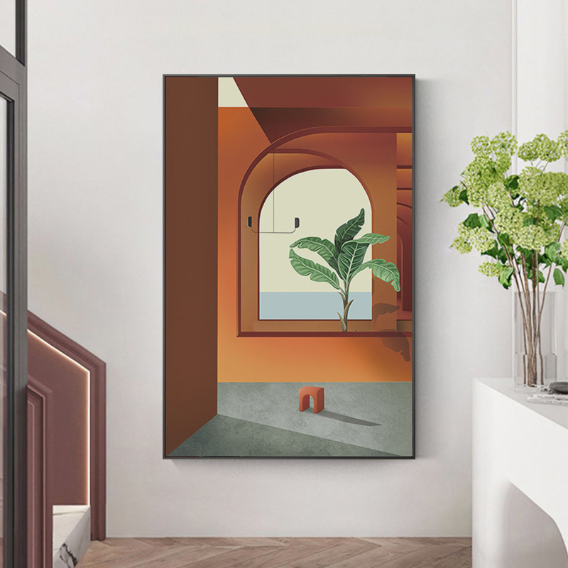 北欧入户玄关装饰画现代简约走廊楼梯转角正对门延伸感莫兰迪挂画