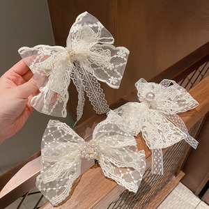 超仙珍珠蕾丝蝴蝶结发夹简约气质优雅发卡后脑勺弹簧夹女韩国头饰