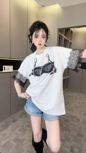 RR fashion 短袖T恤女2024夏季新款中长款拼接蕾丝圆领宽松小衫