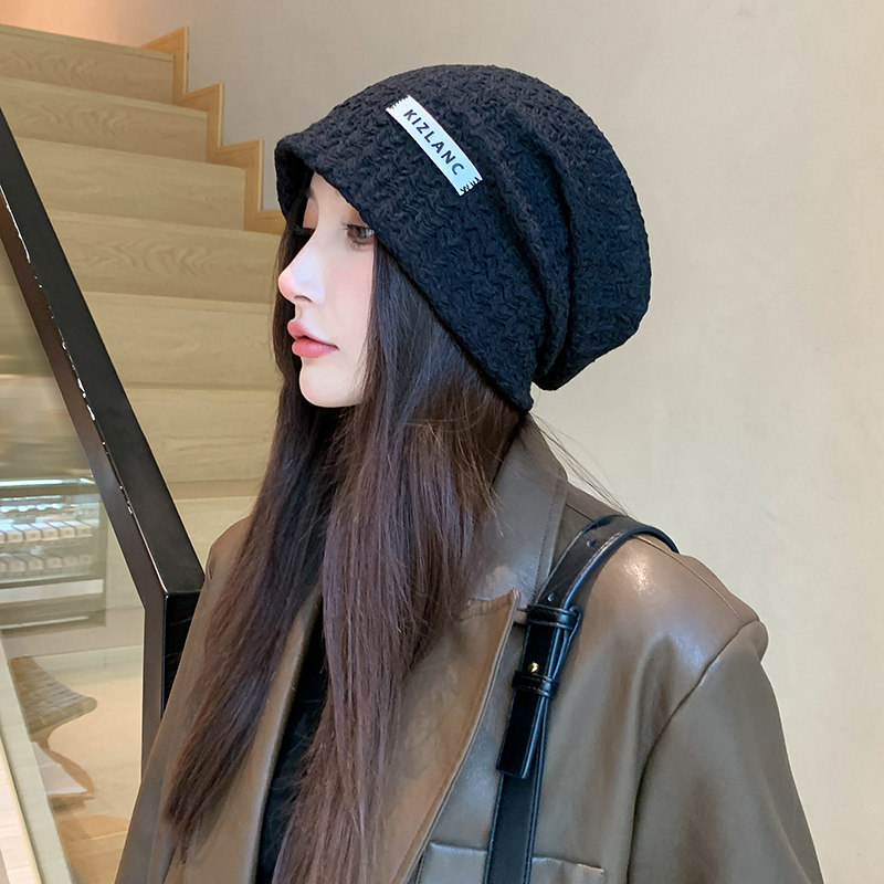 网红堆堆月子帽春秋时尚百搭套头冷帽女贴布针织包头毛线帽冬季