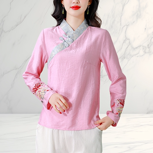 新中式国风刺绣衬衫女春季新款改良旗袍茶服棉麻上衣高端亚麻衬衣
