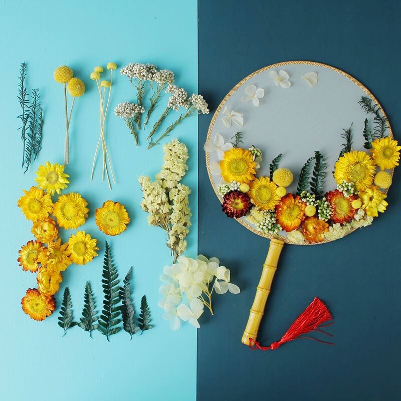 干花diy材料花艺亲子活动古风永生花团扇干花材料包手工制作拍摄