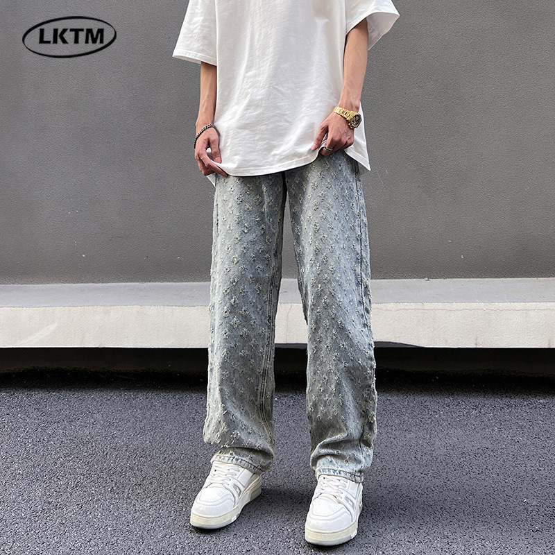 LKTM男装#欧美hiphop牛仔裤男高街ins潮牌提花满印设计感休闲长裤