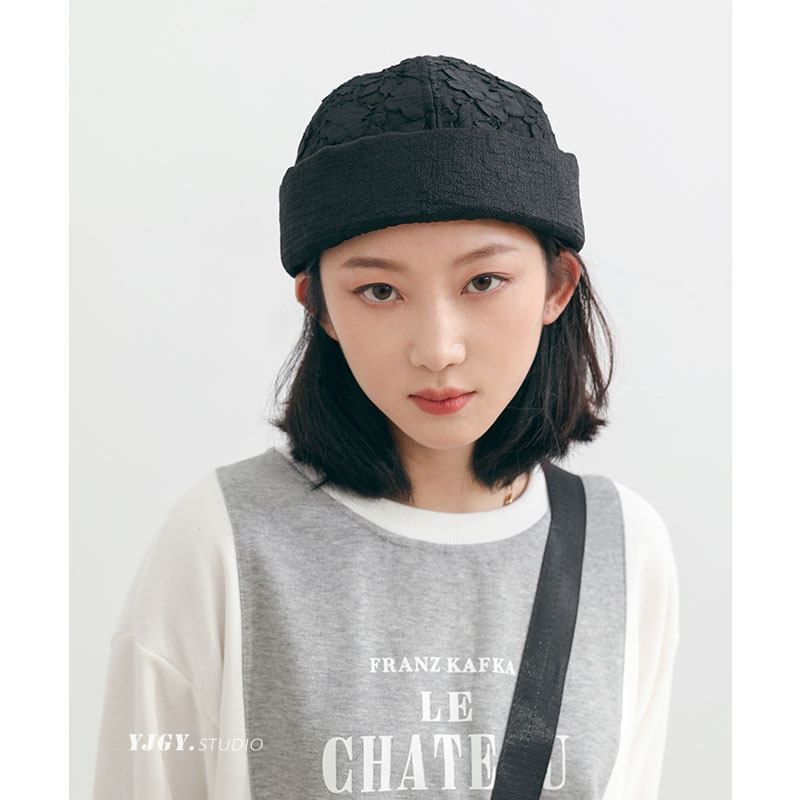 潮流地主帽休闲瓜皮帽女日系韩版雪纱拼接无沿地痞帽秋冬百搭保暖