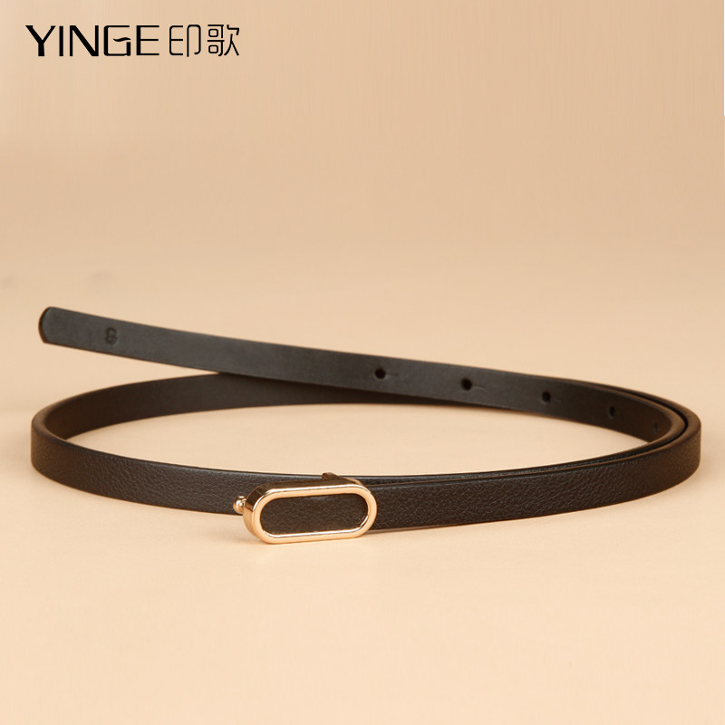 镶嵌珍珠牛皮细款女腰带黑白深蓝色真皮皮带百搭时尚装饰连衣裙带