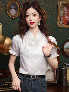 新中式国风白色短袖衬衫女夏装设计感立领提花盘扣泡泡袖T恤上衣