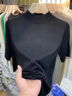 冰丝针织短袖T恤女夏季薄款五分半袖黑色体恤半高领中袖打底上衣
