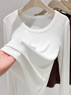 白色长袖打底衫女春季2024新款显瘦正肩T恤内搭修身弹力低领上衣