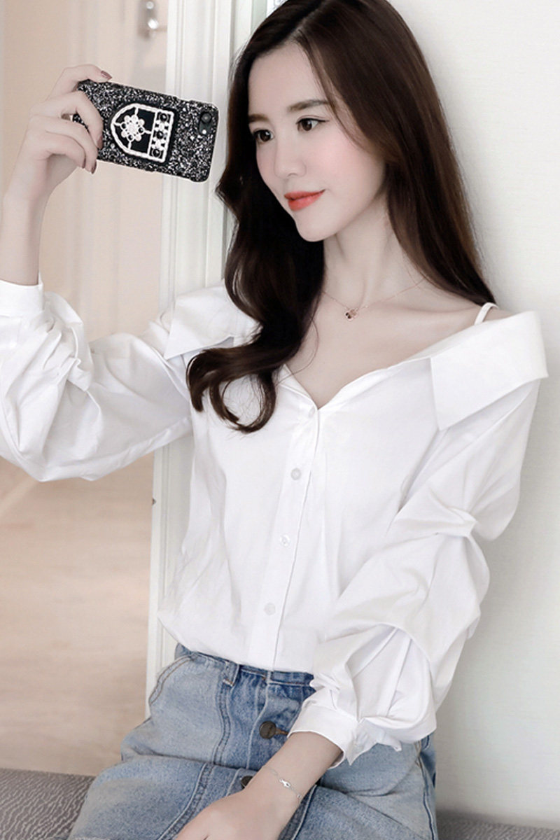 露肩长袖雪纺衫衬衫