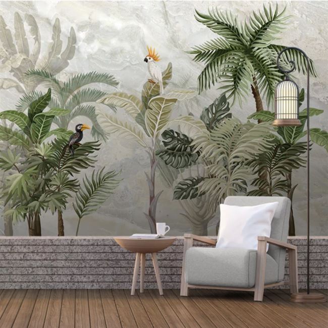 北欧ins风格壁纸东南亚手绘油画绿色热带植物壁画卧室背景墙墙纸